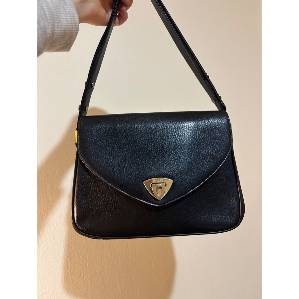 Bally Vintage Black Pebbled Leather Shoulder Bag Gold Triangle‎ Turn-Lock Flap